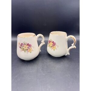 Floral Coffee Mugs Set‎ Of 2 Vtg Tea Cups Gold Trim Cottagecore 3" x 2" As Is
